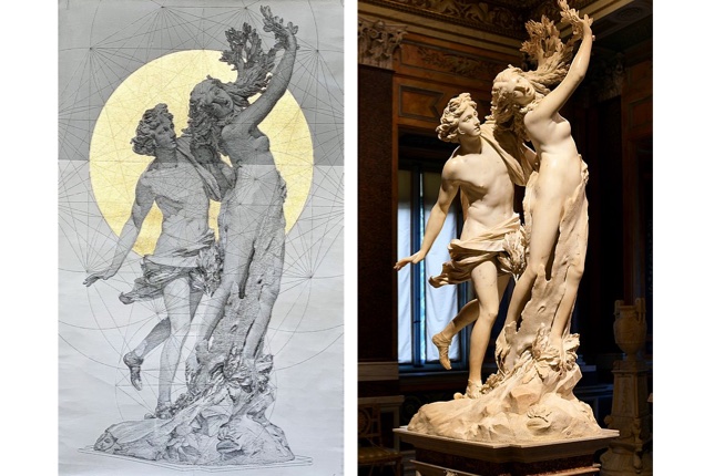 Left: Marco Araldi, Apollo & Daphne, 2022, Right: Gian Lorenzo Bernini, Apollo and Daphne, 1622–1625 © Galleria Borghese 