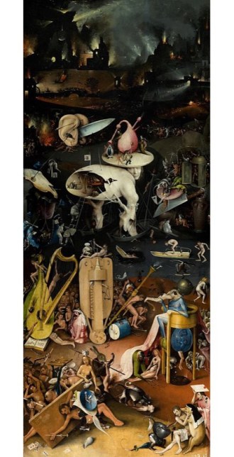 Hieronymus Bosch, right panel from The Garden of Earthly Delights triptych, depictions of hell