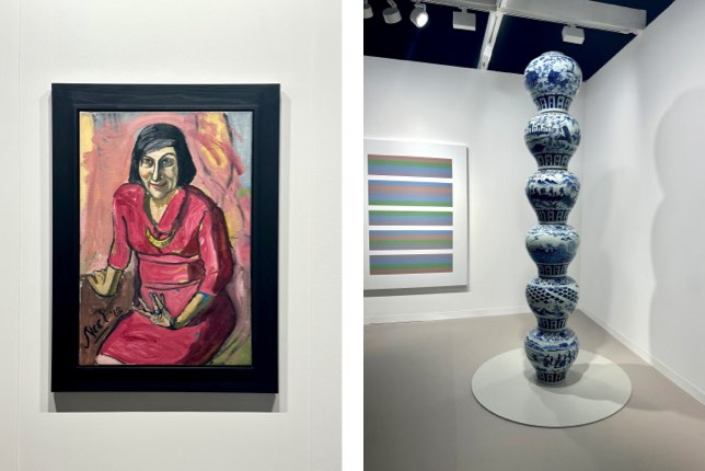 De gauche à droite: Alice Neel, Lidia Moser, 1962,  Victoria Miro gallery. Ai Weiwei, Porcelain Pillar with Refugee Motif, 2017, Galerie Max Hetzler. Paris+