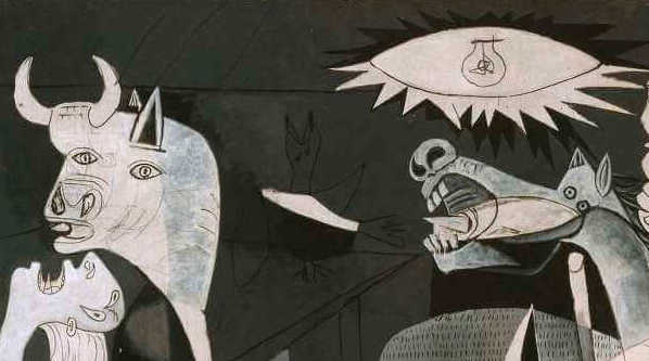 Pablo Picasso, Guernica, close-up of the light bulb, horse and bull